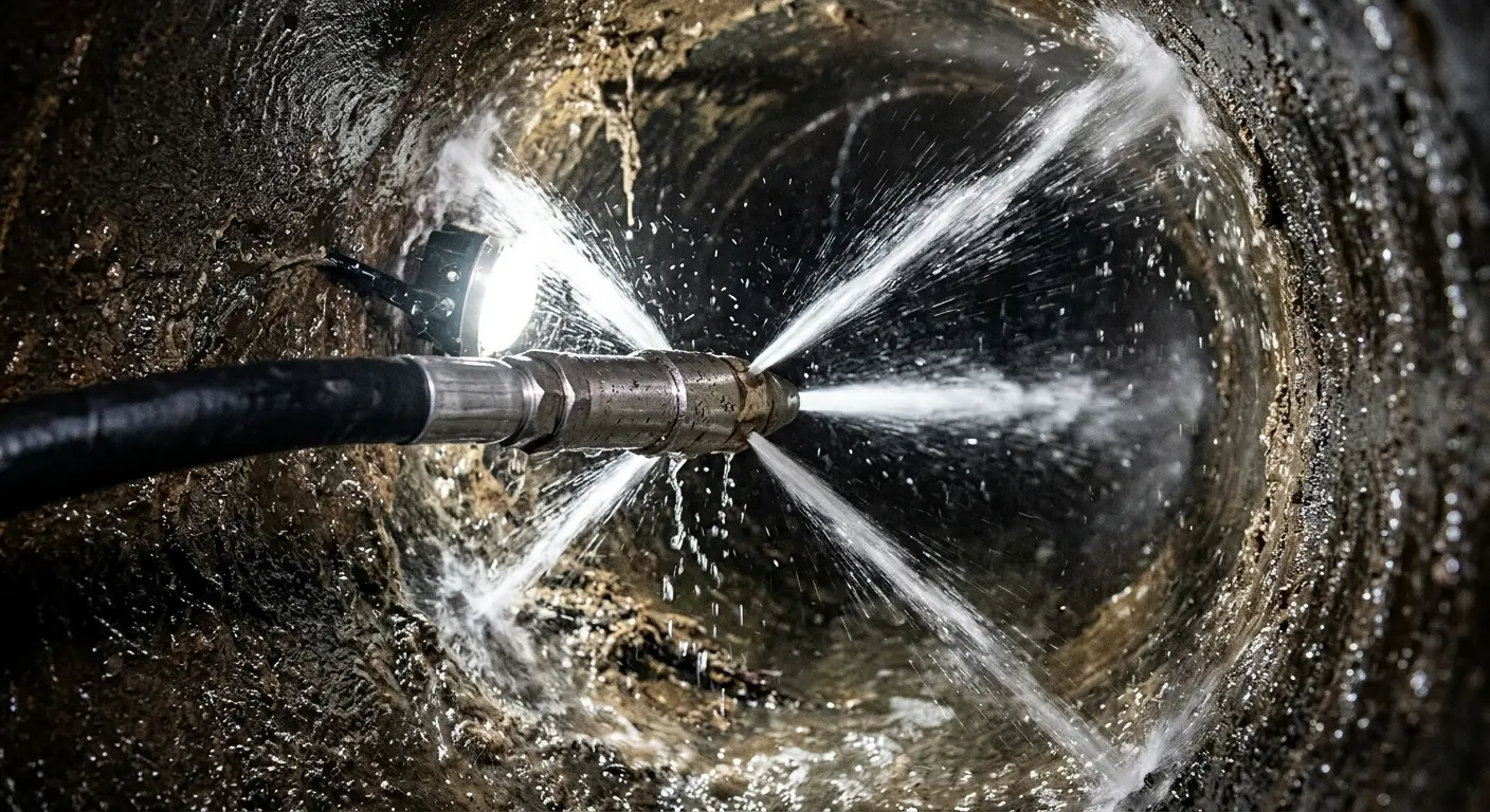 High-pressure hydro jetting nozzle cleaning sewer pipe for Trenchless Sewer Repair in Birch Run