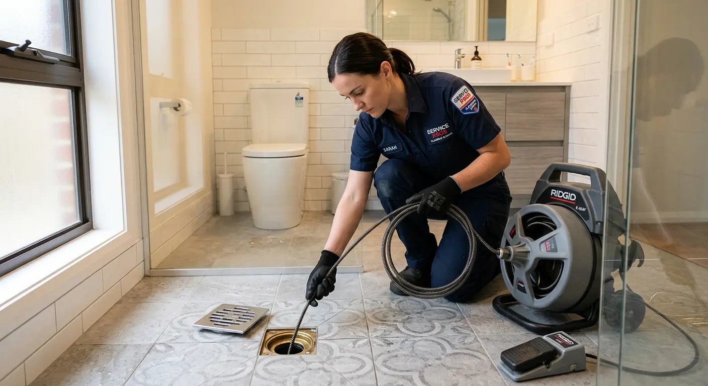 Technician clearing a bathroom floor drain for Sewer Line Installation in Birch Run